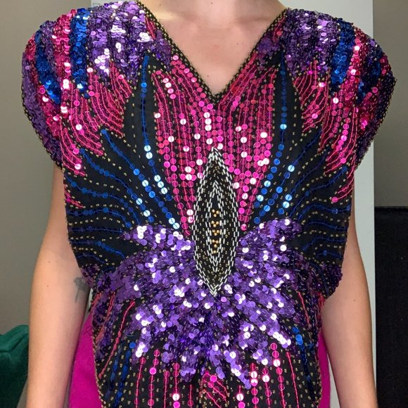 80's IRIS pink, blue and purple sequin top - Picture 2 of 4